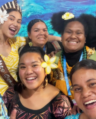 John Taukave (left) from the Micronesian Center for Sustainable Transport and Miss Samoa Litara Ieremia-Allan (second from left) at COP29