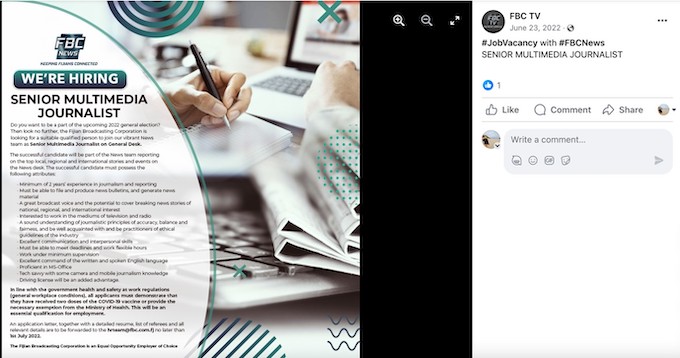 FBC advertises for multimedia journalists