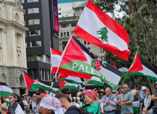 New Zealand protesters in support of Palestine, Lebanon and Sudan at Te Komititanga Square