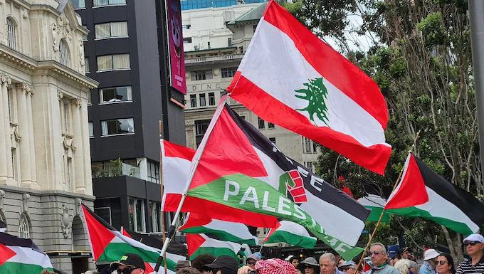 New Zealand protesters in support of Palestine, Lebanon and Sudan at Te Komititanga Square