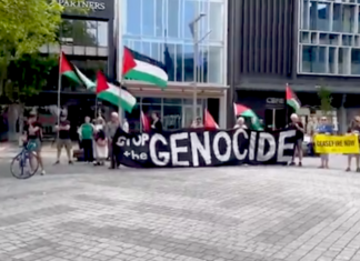 "Drop the genocide" banner at today's protests against Israel's war on Gaza in Christchurch Ōtautahi