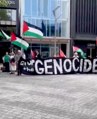 "Drop the genocide" banner at today's protests against Israel's war on Gaza in Christchurch Ōtautahi