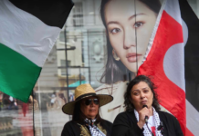 A tangata whenua kōrero at Saturday's Palestine solidarity rally in Auckland Tamaki Makaurau