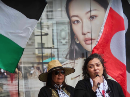 A tangata whenua kōrero at Saturday's Palestine solidarity rally in Auckland Tamaki Makaurau