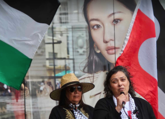 A tangata whenua kōrero at Saturday's Palestine solidarity rally in Auckland Tamaki Makaurau