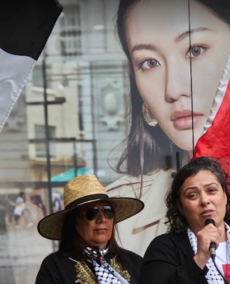 A tangata whenua kōrero at Saturday's Palestine solidarity rally in Auckland Tamaki Makaurau