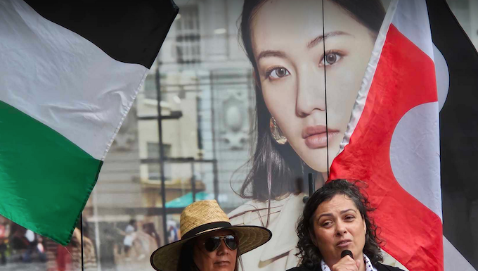 A tangata whenua kōrero at Saturday's Palestine solidarity rally in Auckland Tamaki Makaurau
