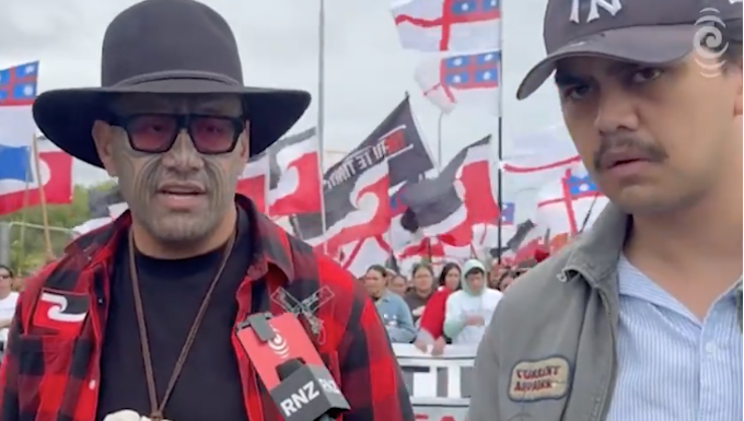 Te Maori Pati leader Rawiri Waititi talks to an RNZ reporter at Hīkoi mō te Tiriti