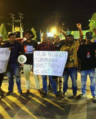Papuan People’s Solidarity members protest in Sorong last month against President Prabowo Subianto’s plan to resume a transmigration programme