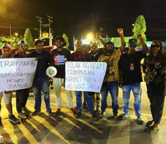 Papuan People’s Solidarity members protest in Sorong last month against President Prabowo Subianto’s plan to resume a transmigration programme