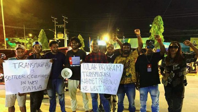 Papuan People’s Solidarity members protest in Sorong last month against President Prabowo Subianto’s plan to resume a transmigration programme