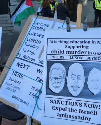 A "Netanyahu wanted for child killing" placard at a Palestine solidarity rally in Auckland this month