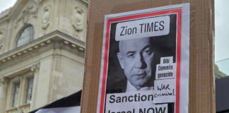 "Zion Times - Sanction Israel now" Bibi commits genocide - war criminal"