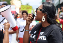 A protester in a "Free Palestine" t-shirt