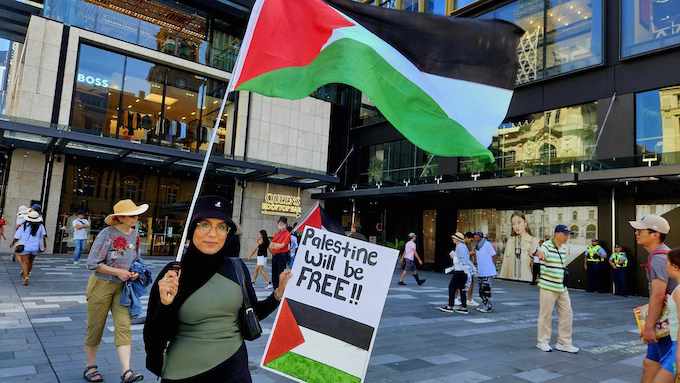 A "Palestine will be free" placard at today's Auckland solidarity rally for Palestine