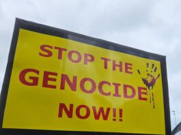 A "Stop the genocide now" placard at Auckland's Te Komititanga Square