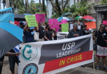 "USP leadership in crisis" banner at an earlier staff protest against the regional Pacific university's management