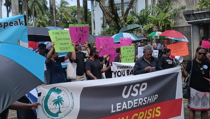 "USP leadership in crisis" banner at an earlier staff protest against the regional Pacific university's management