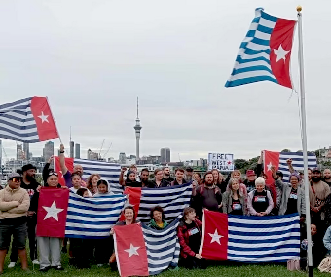 Raising the West Papuan Morning Star flag in Tamaki Makaurau in 2023