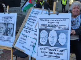 A "Wanted for mass child murder - bring them in" placard at a Palestine solidarity rally in Auckland