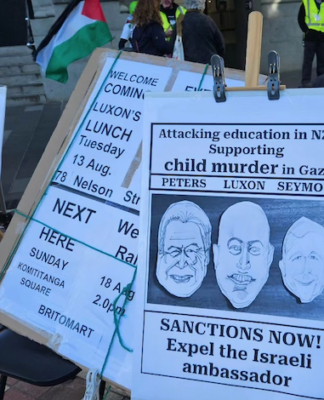 Luxon says Israeli PM would be arrested if he visits New Zealand A "Wanted for mass child murder - bring them in" placard at a Palestine solidarity rally in Auckland