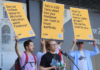 Protesters flag a revived BDS - boycott, divest, sanction - campaign today over the genocidal Israeli war on Gaza