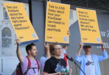 Protesters flag a revived BDS - boycott, divest, sanction - campaign today over the genocidal Israeli war on Gaza