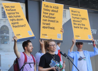 Protesters flag a revived BDS - boycott, divest, sanction - campaign today over the genocidal Israeli war on Gaza