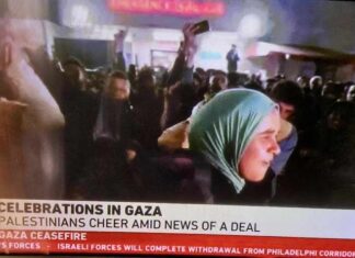 Palestinians celebrating after the announcement of a ceasefire in the 15-month Israeli war on Gaza