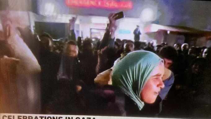 Palestinians celebrating after the announcement of a ceasefire in the 15-month Israeli war on Gaza