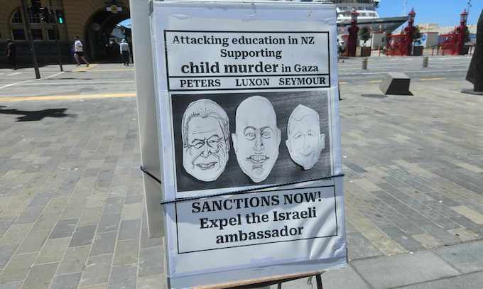 A poster calling for the expulsion of Israel's ambassador to New Zealand