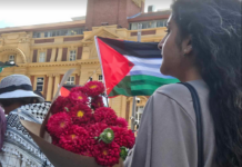 A bouquet for the Gaza ceasefire in Auckland's Te Komititanga square today