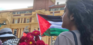 A bouquet for the Gaza ceasefire in Auckland's Te Komititanga square today