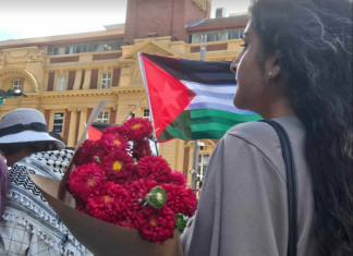 A bouquet for the Gaza ceasefire in Auckland's Te Komititanga square today