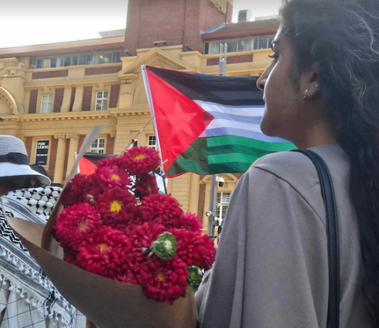 A bouquet for the Gaza ceasefire in Auckland's Te Komititanga square today