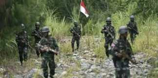Indonesian military forces on patrol in the Oksop regency
