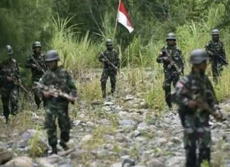 Indonesian military forces on patrol in the Oksop regency