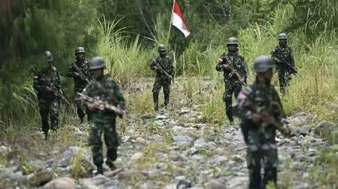 Indonesian military forces on patrol in the Oksop regency of the West Papua region