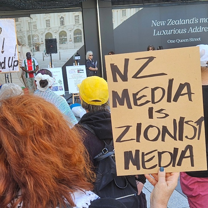 A critical "NZ media is Zionist media" placard at today's Auckland solidarity rally for Palestinian health workers