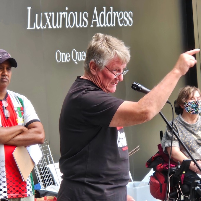 Palestine Solidarity Network Aotearoa secretary Neil Scott speaking at today's Auckland rally 