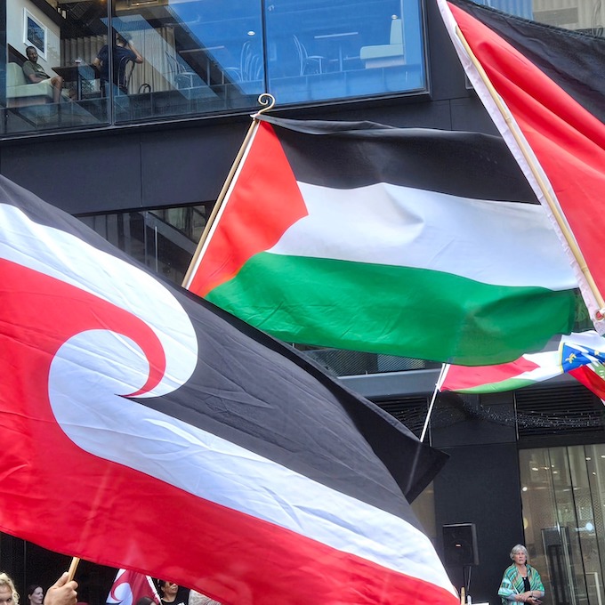 Tino rangatiratanga and Palestinian flags at the Gazan health workers solidarity rally