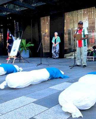 Young Israelis ‘don’t want peace’, warns former Israeli top diplomat South African activist Achmat Esau speaking out at the New Zealand protest rally in downtown Auckland