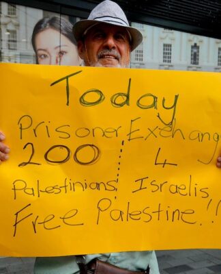 A protester for Palestine holds up a poster in Te Komititanga Square