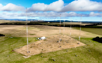 An aerial shot of the new 2024 RNZ Pacific transmitter
