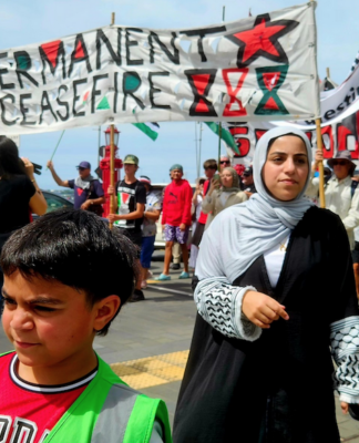UN rapporteur welcomes ‘best news’ — Hague Group coalition pushing for Palestinian state Cheerleader Ali Gouda leads the Palestine genocide protesters into Te Komititanga Square during the "march of the martyrs"