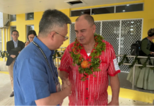 Cook Islands Prime Minister Mark Brown with China's Ambassador to the Pacific Qian Bo