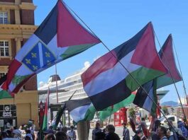 A pro-Palestine rally in Auckland's Te Komititanga Square