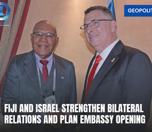 Prime Minister Sitiveni Rabuka (left) with Israeli Foreign Minister Sa’ar Gideon Moshe in Munich