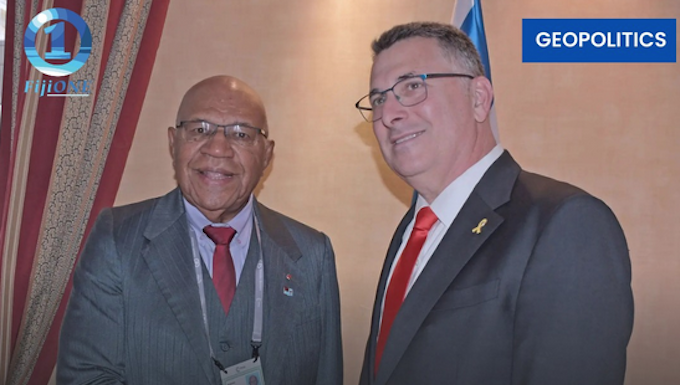 Prime Minister Sitiveni Rabuka (left) with Israeli Foreign Minister Sa’ar Gideon Moshe in Munich