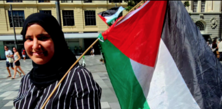 Besma at the "Free Palestine" rally in Auckland Tāmaki Makaurau